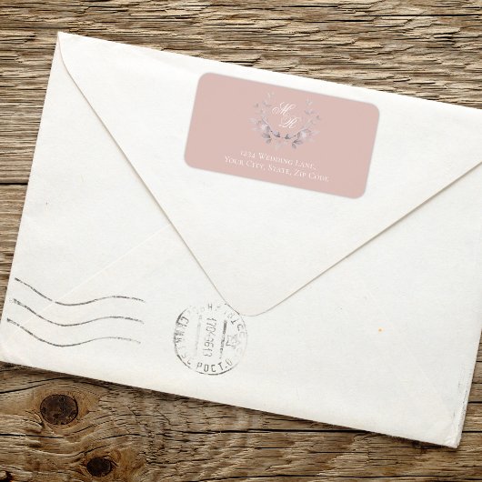 Blush Pink Monogram Botanical Return Address ラベル