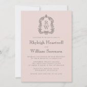 Blush Pink Monogram Crest QR Code Wedding 招待状 (正面)