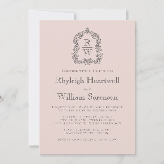 Blush Pink Monogram Crest QR Code Wedding 招待状 (正面)