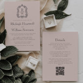 Blush Pink Monogram Crest QR Code Wedding 招待状