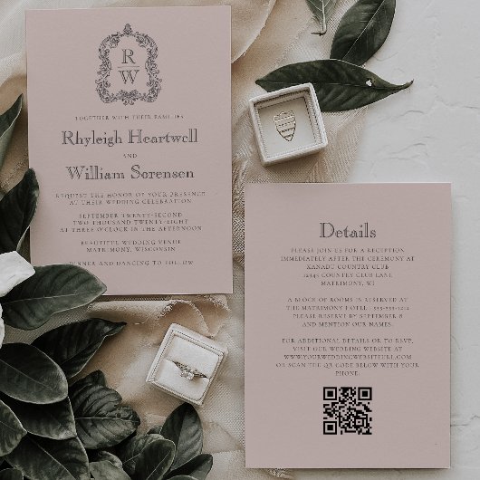 Blush Pink Monogram Crest QR Code Wedding 招待状