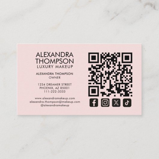 Blush Pink Monogram Makeup Qr Code Social Icon 名刺 (裏面)