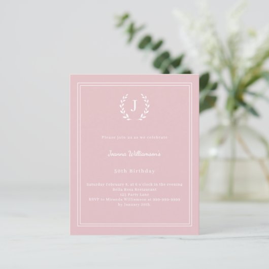 Blush pink monogram wreath birthday invitation (スタンド正面)