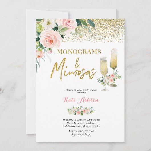 Blush Pink Monograms and Mimosas Bridal Shower 招待状 (正面)