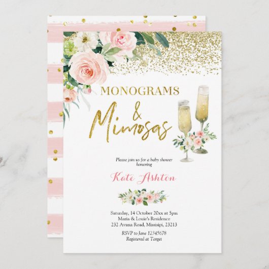 Blush Pink Monograms and Mimosas Bridal Shower 招待状 (正面/裏面)