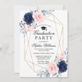 Blush Pink & Navy Blue Floral Graduation Party 招待状 (正面)