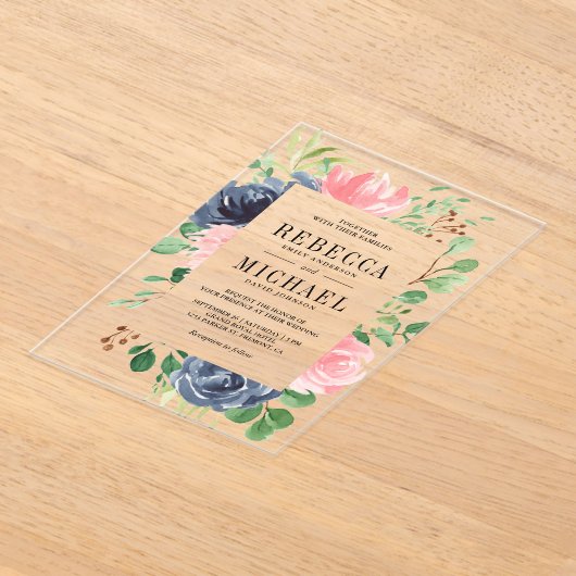 Blush Pink Navy Blue Floral Wedding アクリル招待状 (レイダウン)