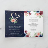 Blush Pink Navy Burgundy Floral QR Code Wedding 招待状 (内部)