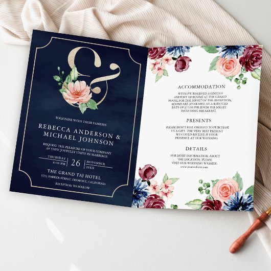 Blush Pink Navy Burgundy Floral QR Code Wedding 招待状