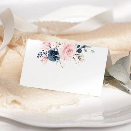 Blush pink Navy floral roses wedding place card