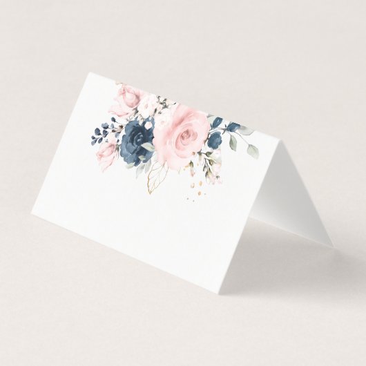 Blush pink Navy floral roses wedding place card (正面)