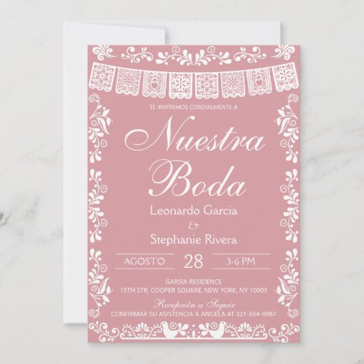 Blush Pink Nuestra Boda Papel Picado Wedding 招待状 (正面)