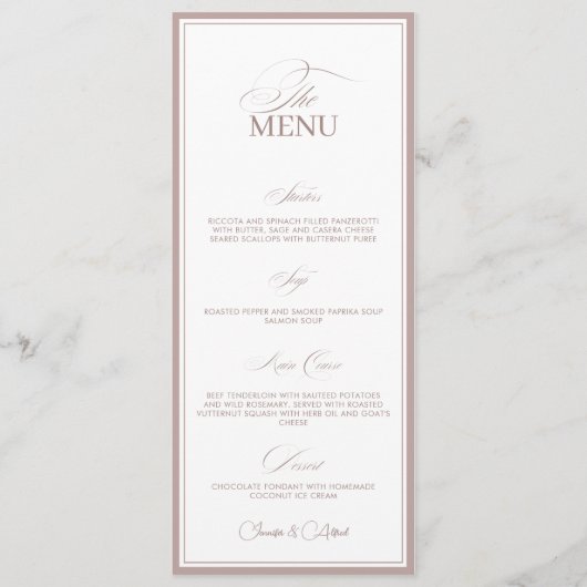 Blush Pink Old Money Wedding Dinner Menu Card メニュー (正面)
