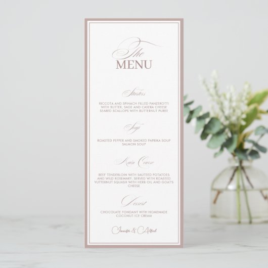 Blush Pink Old Money Wedding Dinner Menu Card メニュー (スタンド正面)