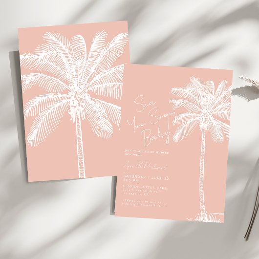 Blush Pink Palm Tree Sea You Soon Tropical Shower 招待状