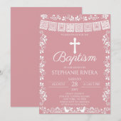 Blush Pink Papel Picado Baptism 招待状 (正面/裏面)
