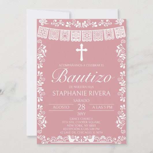 Blush Pink Papel Picado Spanish Bautizo 招待状 (正面)