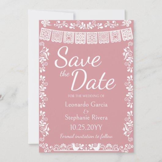 Blush Pink Papel Picado Wedding Save the Date 招待状 (正面)
