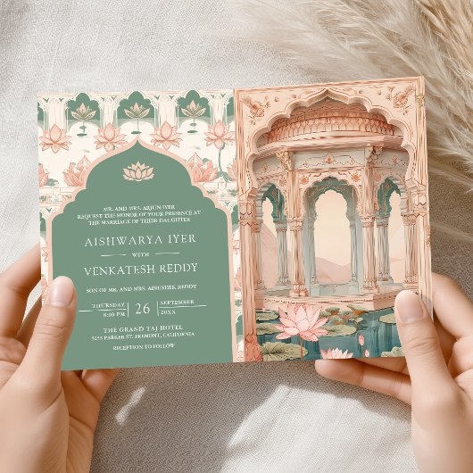 Blush Pink Pastel Green Lotus Pond Indian Wedding 招待状