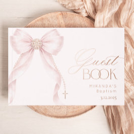 Blush Pink Pearls Bow Baby Girl Baptism ゲストブック