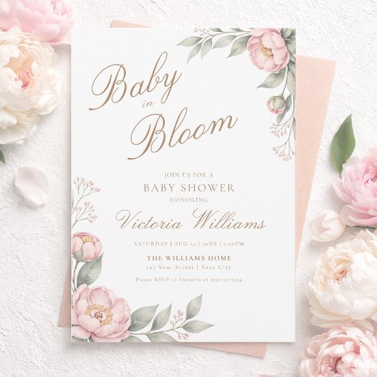 Blush Pink Peonies in Bloom Baby Shower 招待状