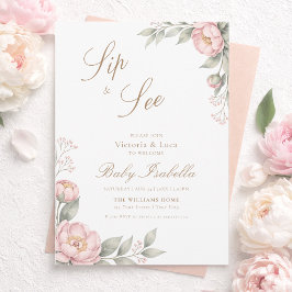 Blush Pink Peonies in Bloom Sip & See 招待状