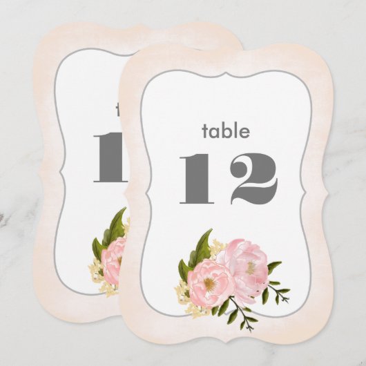 Blush Pink Peonies Wedding Table Number Cards 招待状 (正面/裏面)