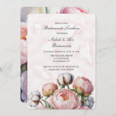 Blush Pink Peony and Cotton Bridesmaids Luncheon 招待状 (正面/裏面)