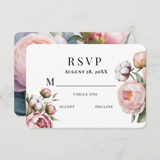 Blush Pink Peony and Cotton Wedding 出欠カード (正面/裏面)