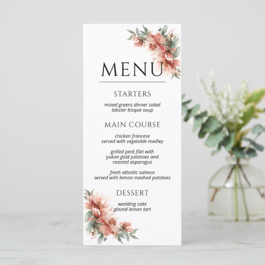 Blush Pink Peony Coral Elegant Dinner Wedding  メニュー (スタンド正面)