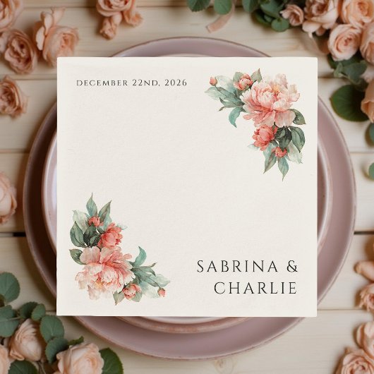 Blush Pink Peony Coral Elegant Floral Wedding スタンダードカクテルナプキン