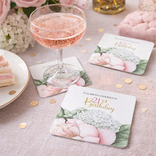 Blush Pink Peony Floral 21st Birthday スクエアペーパーコースター