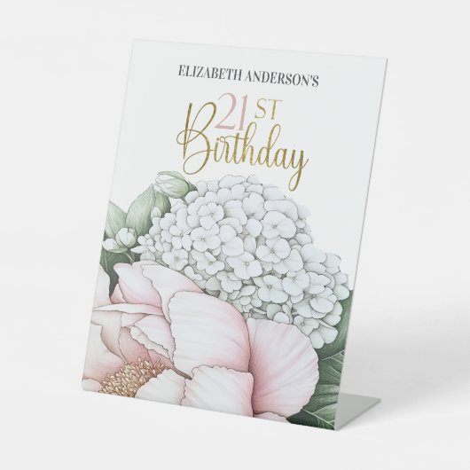 Blush Pink Peony Floral 21st Birthday 台座サイン (正面)
