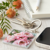 Blush Pink Peony Floral Acrylic Square Keychain  キーホルダー (正面右)