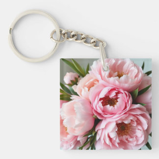 Blush Pink Peony Floral Acrylic Square Keychain  キーホルダー