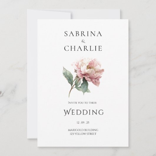 Blush Pink Peony Flower Elegant Botanical Wedding 招待状 (正面)