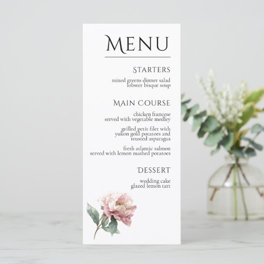 Blush Pink Peony Flower Elegant Dinner Wedding  メニュー (スタンド正面)
