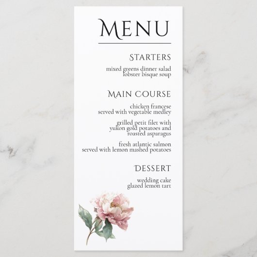 Blush Pink Peony Flower Elegant Dinner Wedding  メニュー (正面)