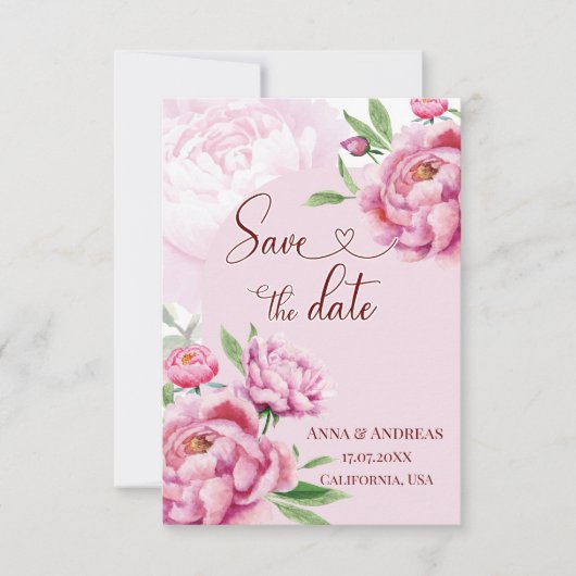 Blush Pink Peony Save the Date Card セーブザデート (正面)