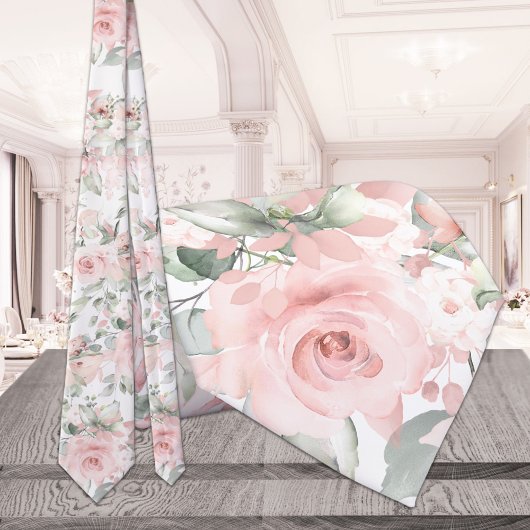 Blush Pink Peony Silver Greenery Wedding ネクタイ