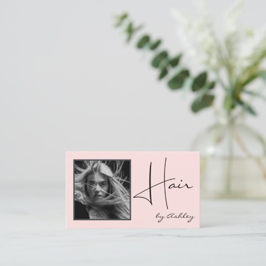 Blush Pink Photo Black Script Hair QR Code Social  名刺 (スタンド正面)