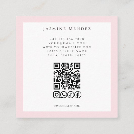 Blush Pink Photo Lashes & Brows QR Code Square スクエア名刺 (裏面)