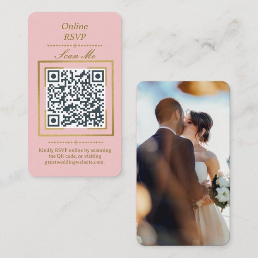 Blush Pink | Photo Online RSVP QR Code Wedding エンクロージャーカード (正面/裏面)
