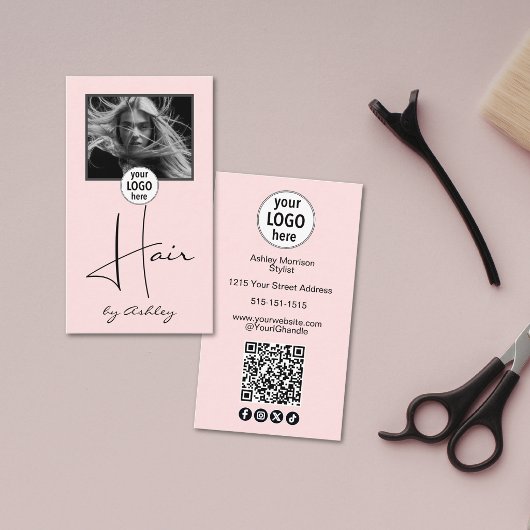 Blush Pink Photo Script Hair Logo QR Code Social 名刺