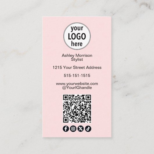 Blush Pink Photo Script Hair Logo QR Code Social  名刺 (裏面)