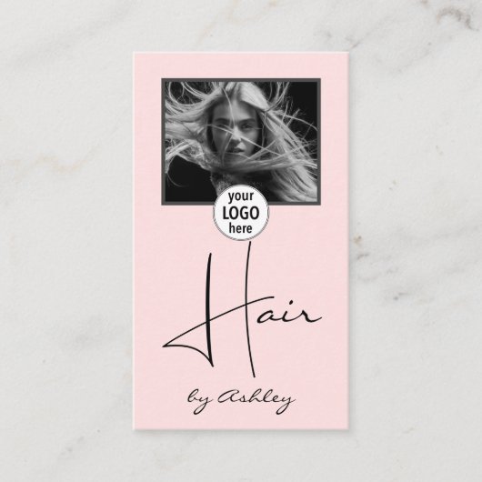 Blush Pink Photo Script Hair Logo QR Code Social  名刺 (正面)