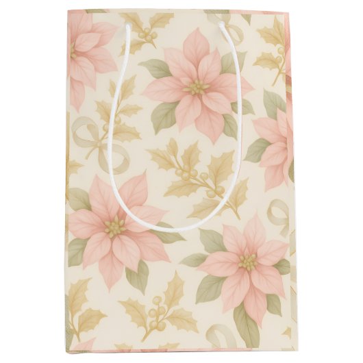 Blush Pink Poinsettia Holiday Gift Bag ミディアムペーパーバッグ (正面)