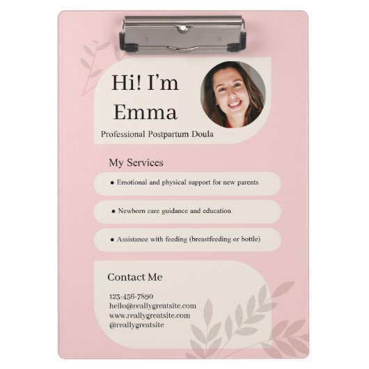 Blush Pink Postpartum Doula Professional Design クリップボード (正面)