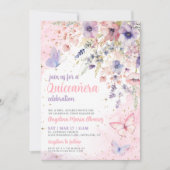 Blush Pink Purple Floral Butterfly Quinceanera 招待状 (正面)