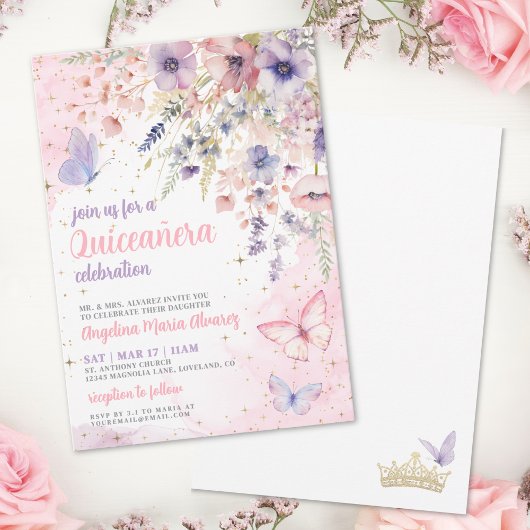 Blush Pink Purple Floral Butterfly Quinceanera 招待状